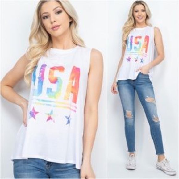 : USA MADE Patriotic vibrant tie dye USA stars, tank top - Picture 2 of 2